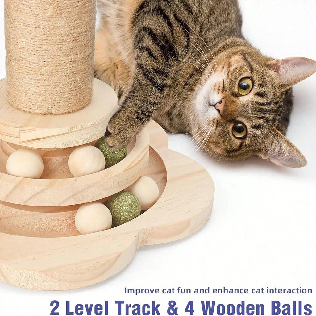 Wooden Cat Scratcher Activity Center With Ball Track and Feather Toy