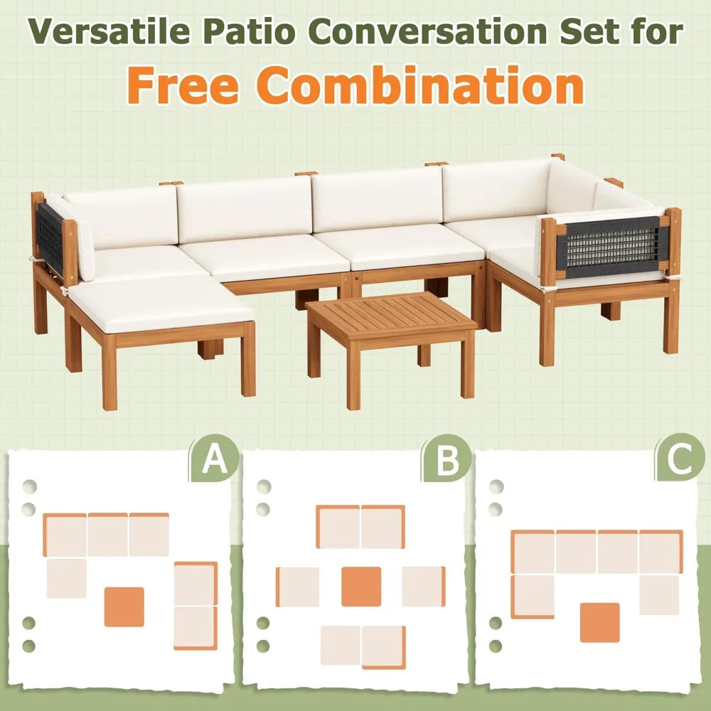 Acacia Wood Outdoor 7 Piece Patio Sofa Set With Table