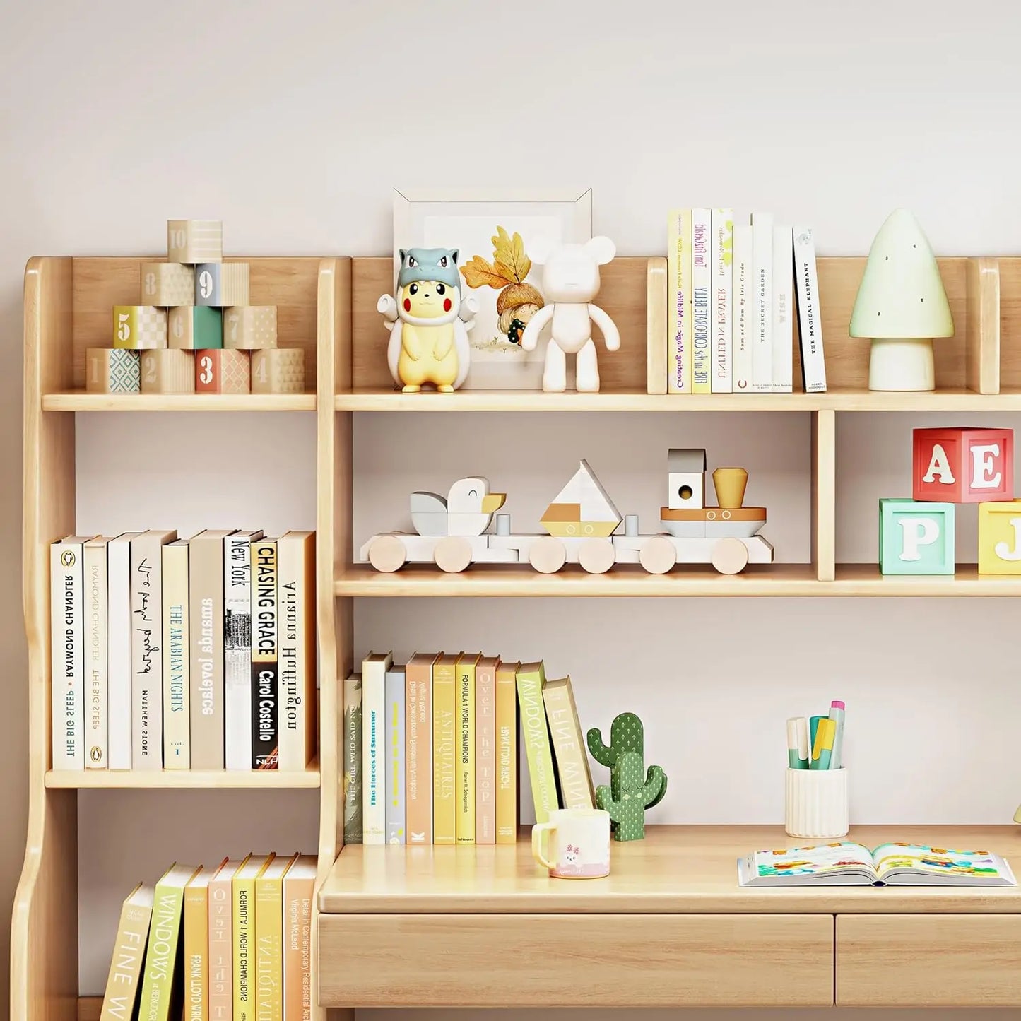 Kids Desk With Drawers And Bookshelf In Rubber Wood