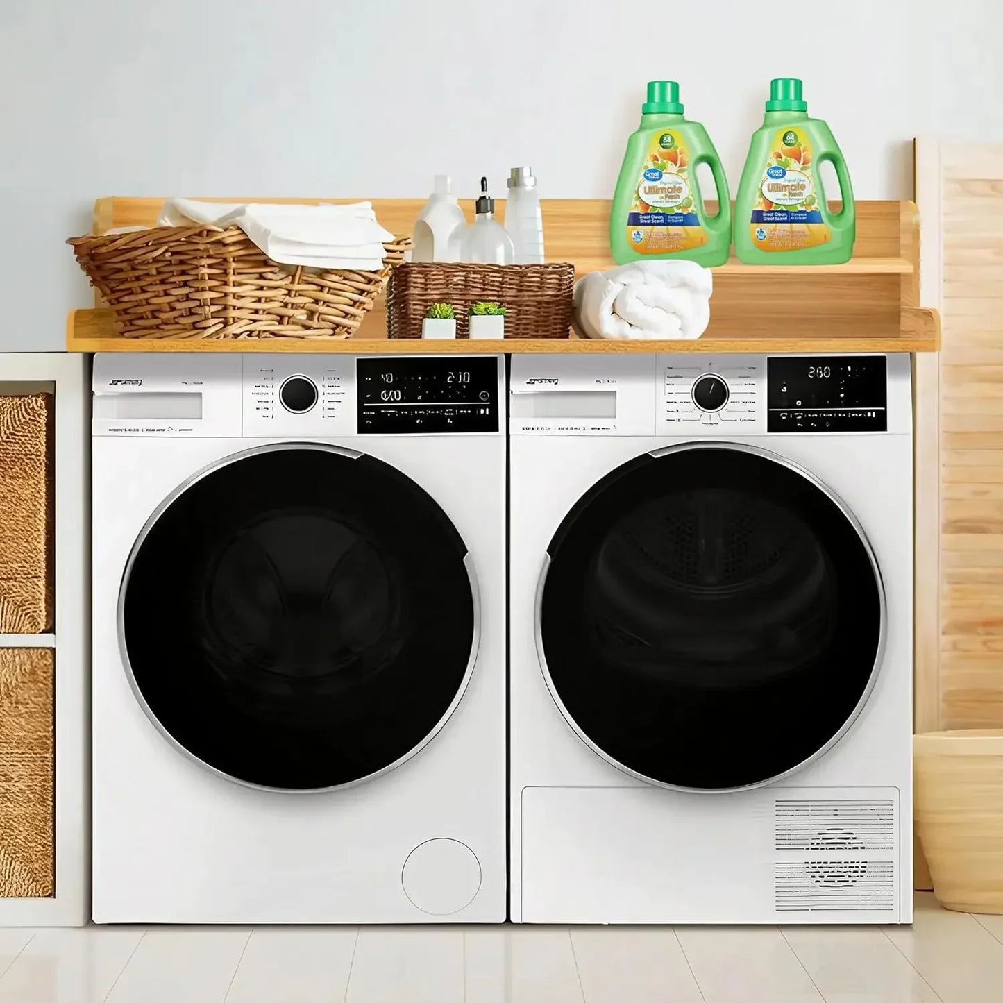 Two Tier Oak Countertop Laundry Shelf For Washer And Dryer