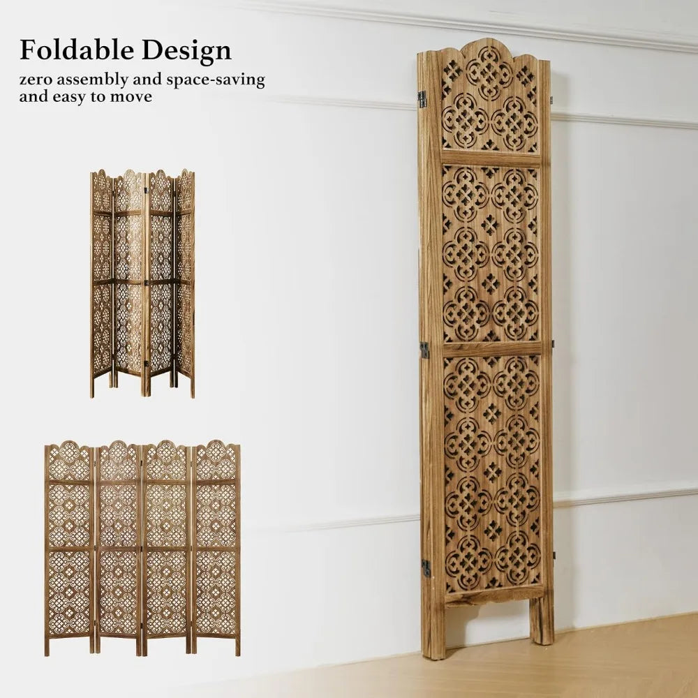 Four Panel Wood Carved Privacy Screen Folding Room Divider