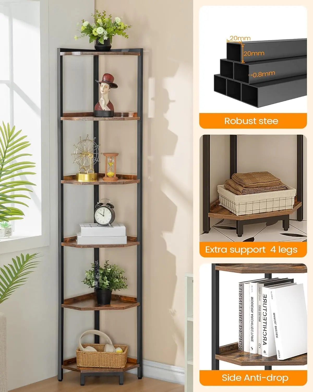 Corner Shelf Stand Six Tier Bookshelf With Metal Frame