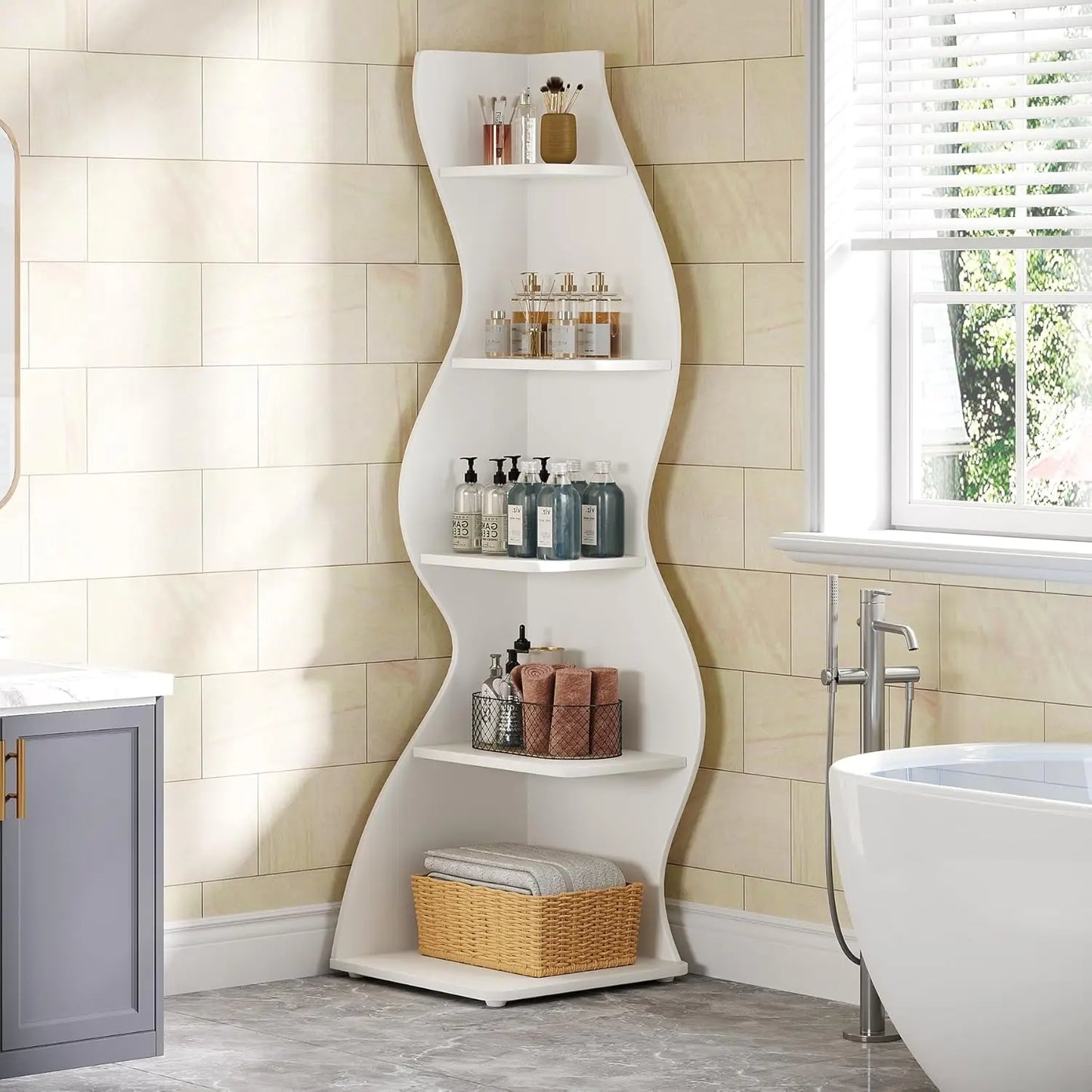 Modern 5-Tier Curvy Corner Shelf Rack For Living Room