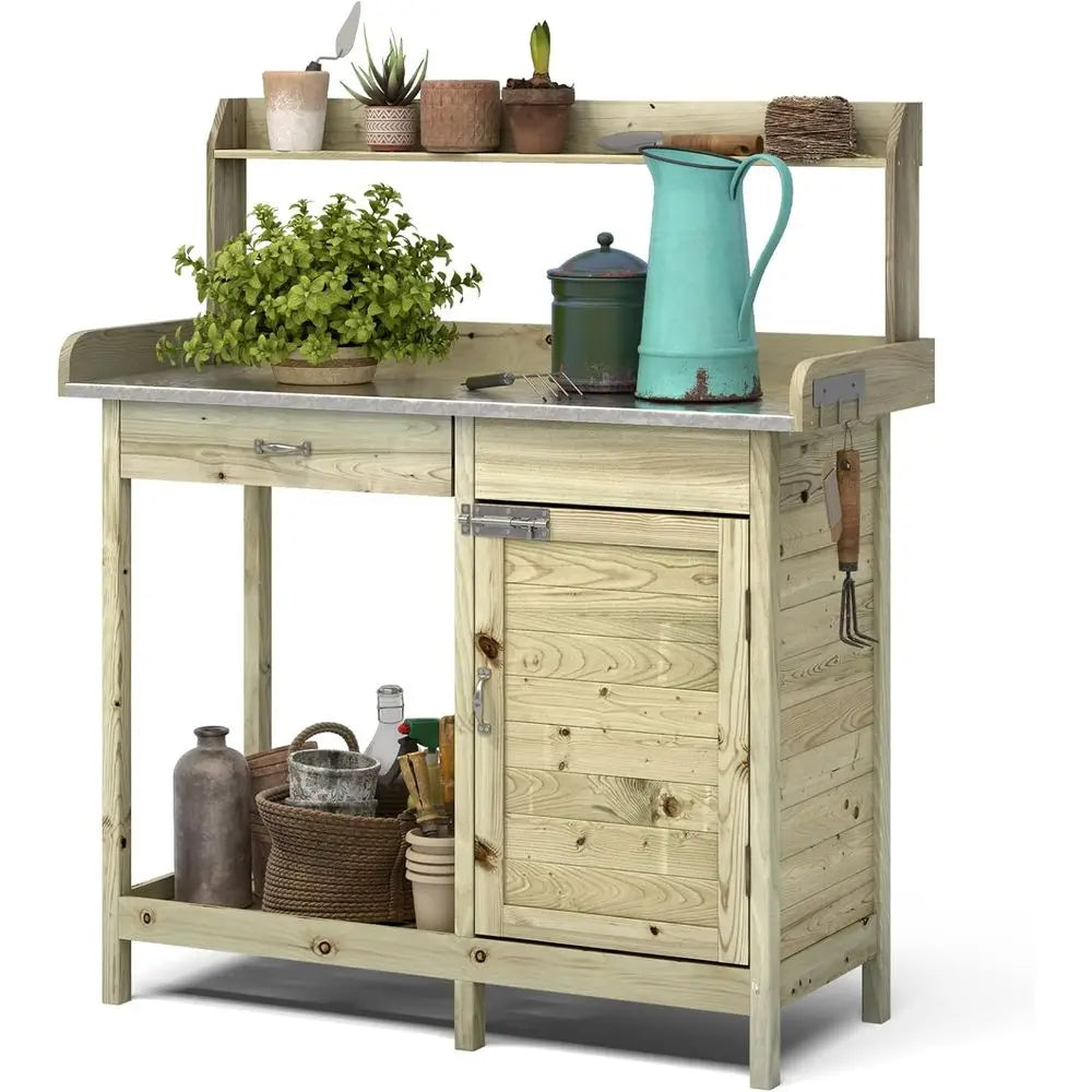 Fir Wood Outdoor Potting Bench With Sink And Storage
