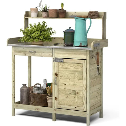 Fir Wood Outdoor Potting Bench With Sink And Storage