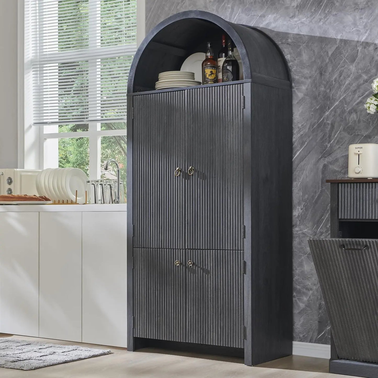 Arched Kitchen Pantry Cabinet With Doors And Adjustable Shelves