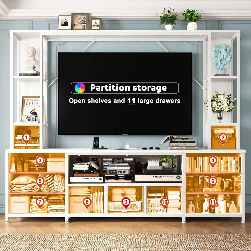 TV Stand With LED Lights And Power Outlets Fabric Drawers
