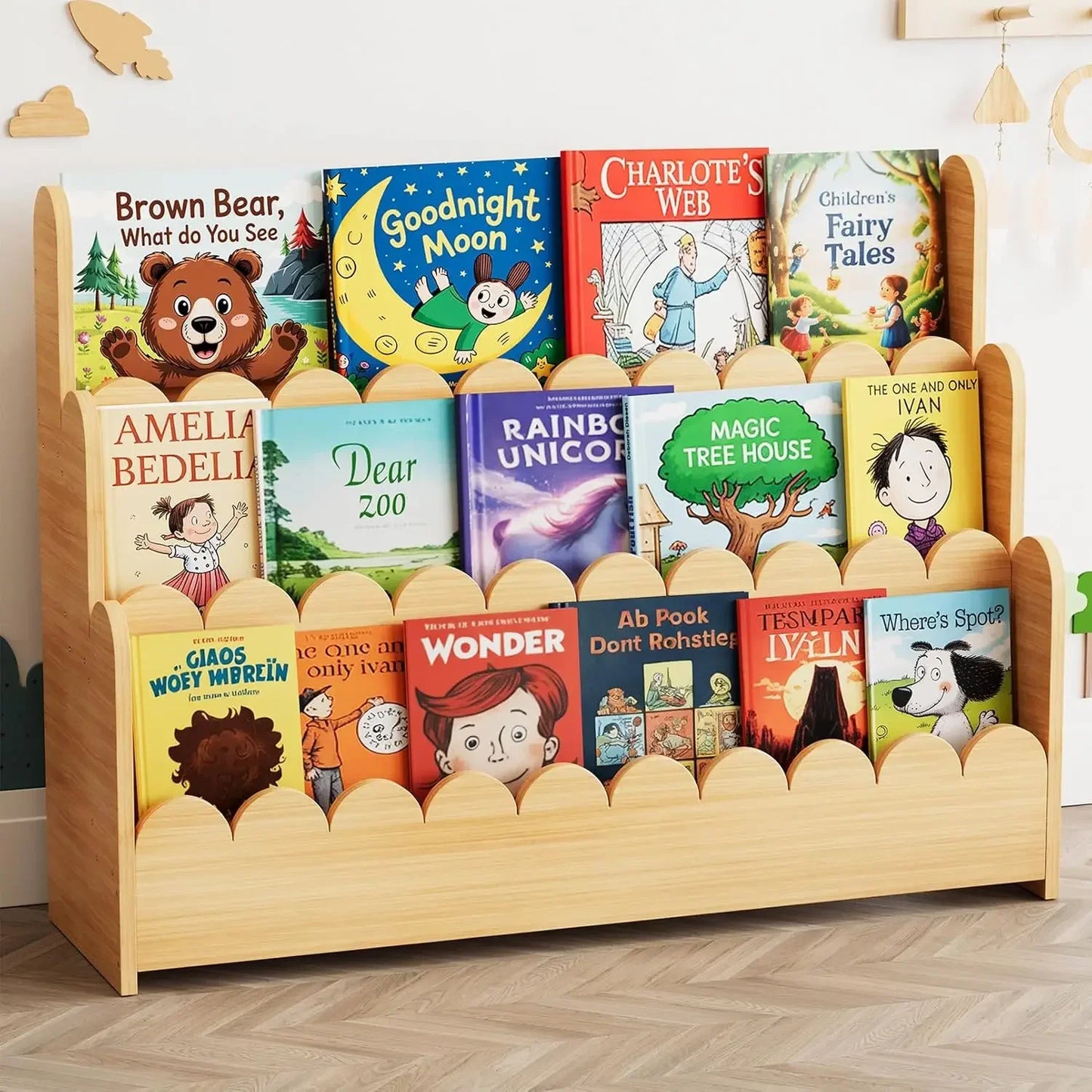 3-Tier Scalloped Bookshelf Montessori Wooden Bookcase for Toddlers Playroom