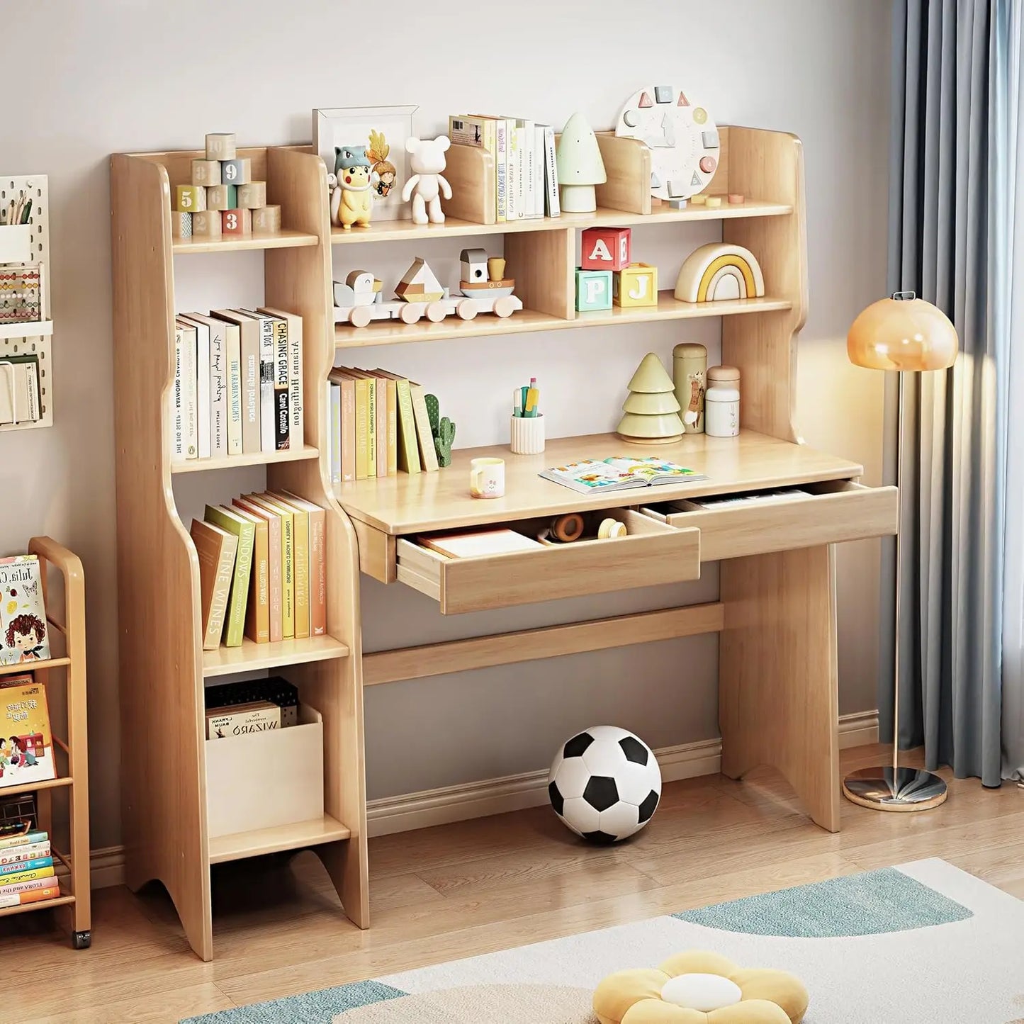 Kids Desk With Drawers And Bookshelf In Rubber Wood