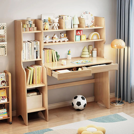 Kids Desk With Drawers And Bookshelf In Rubber Wood