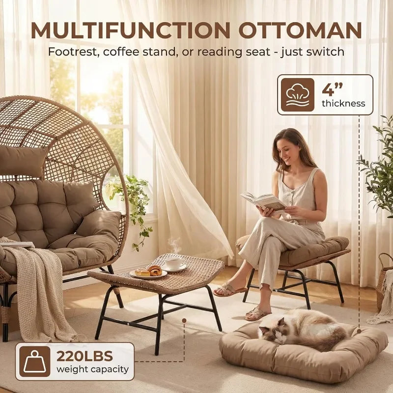 Two Person Egg Chair Indoor Outdoor Wicker Lounge With Ottoman