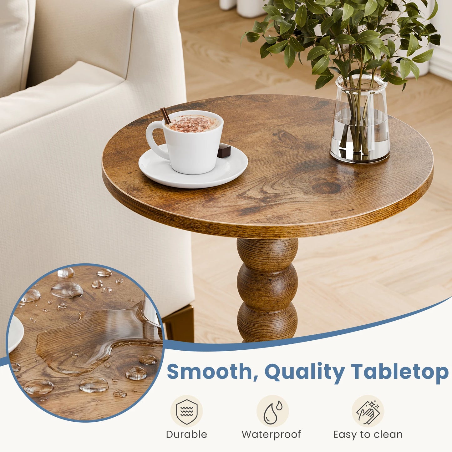 JHK Round Side Table With Solid Wood Leg Storage Shelf