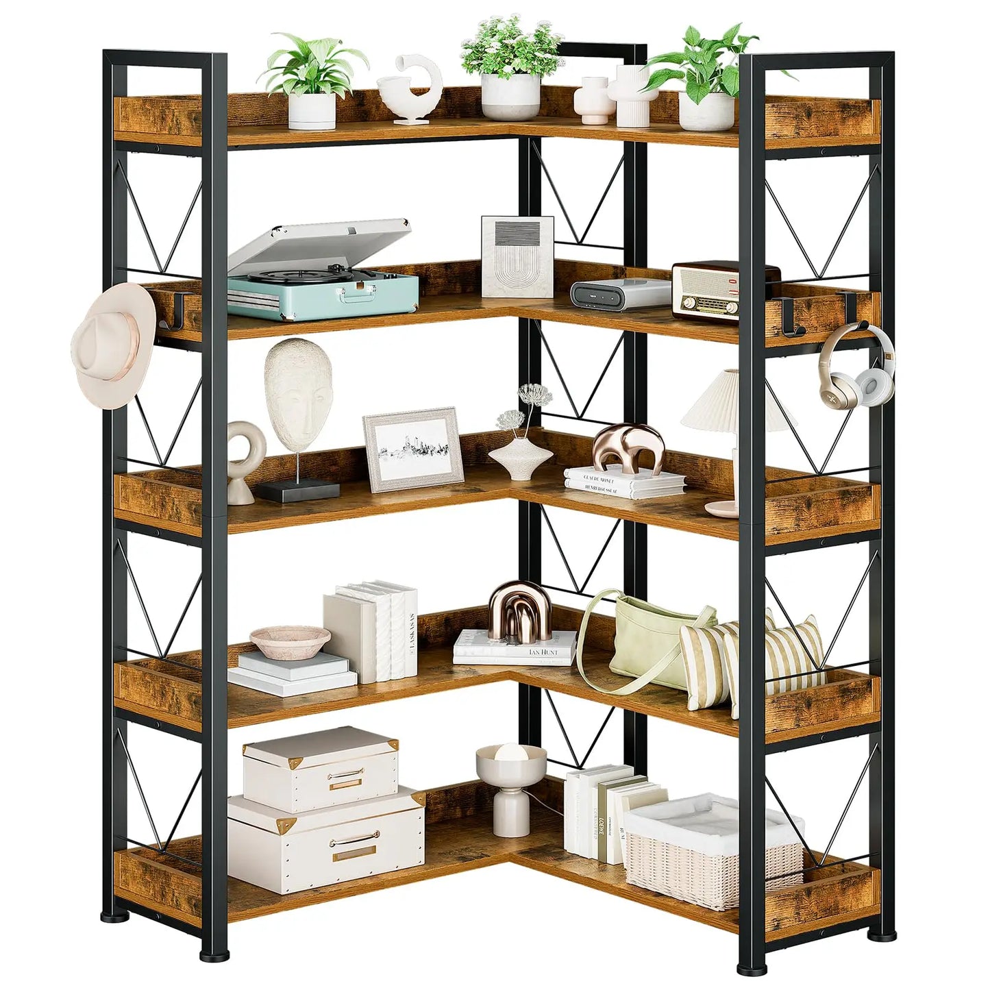 JHK 5 Tier L Shaped Corner Bookshelf With Hooks Wooden