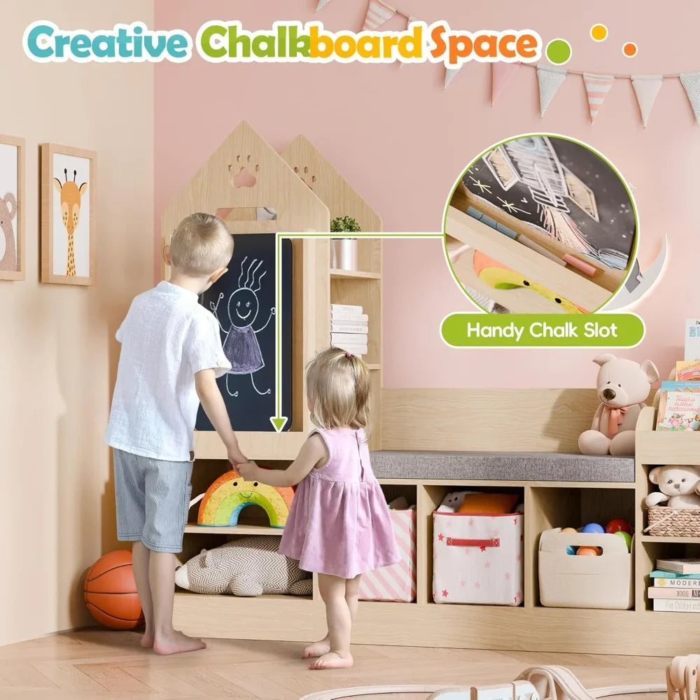 Natural Oak Kids Bookshelf And Reading Nook With Chalkboard Bench
