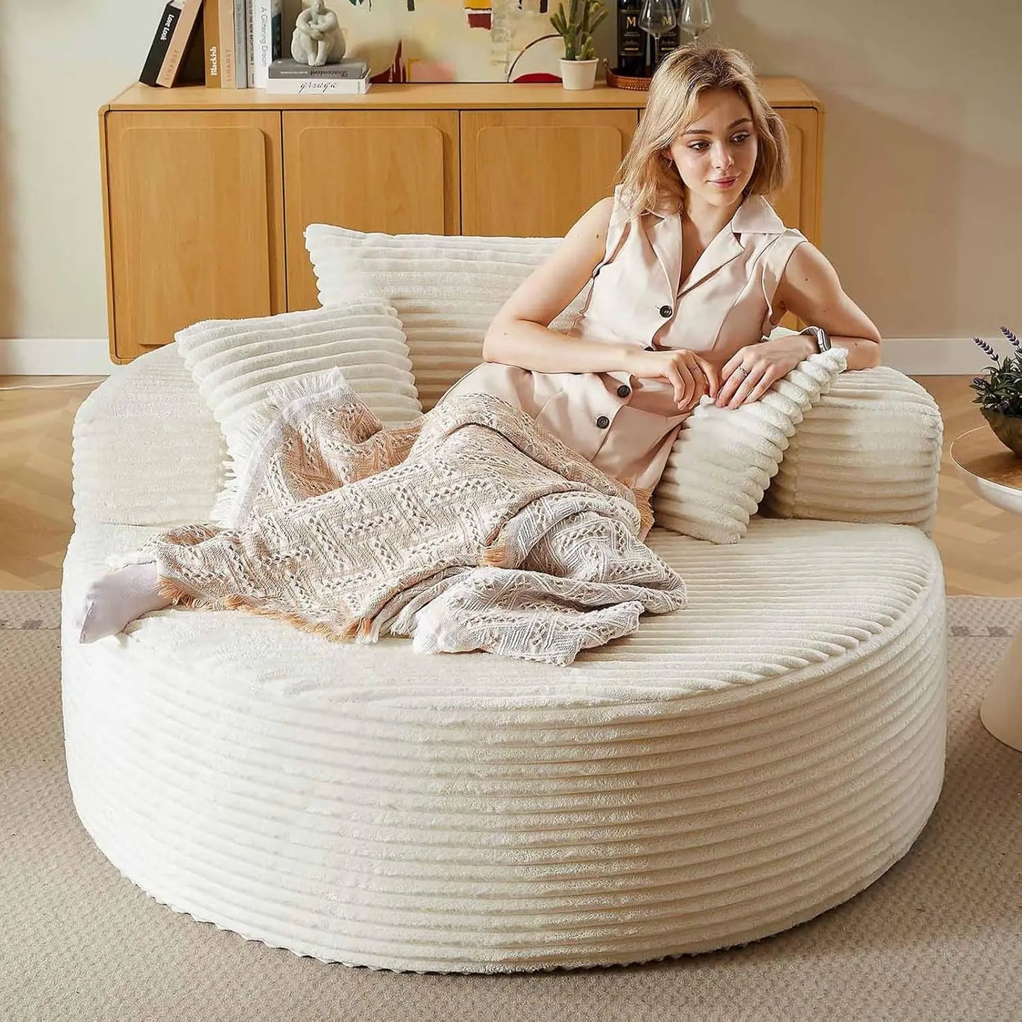 Indoor Plush Corduroy Round Chaise Lounge Chair Modern Style