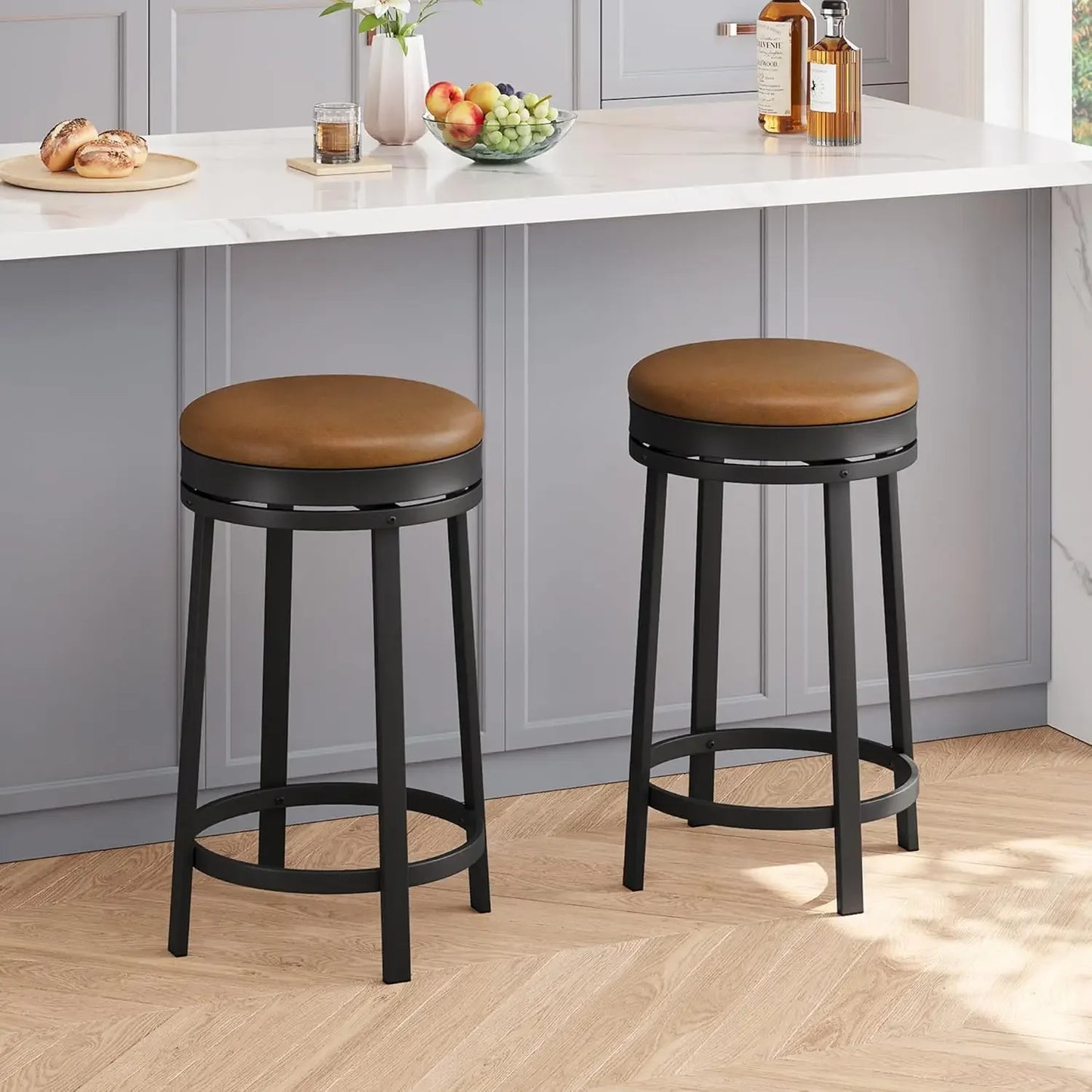 Swivel Bar Stools Set Of 2 With Footrest PU Leather