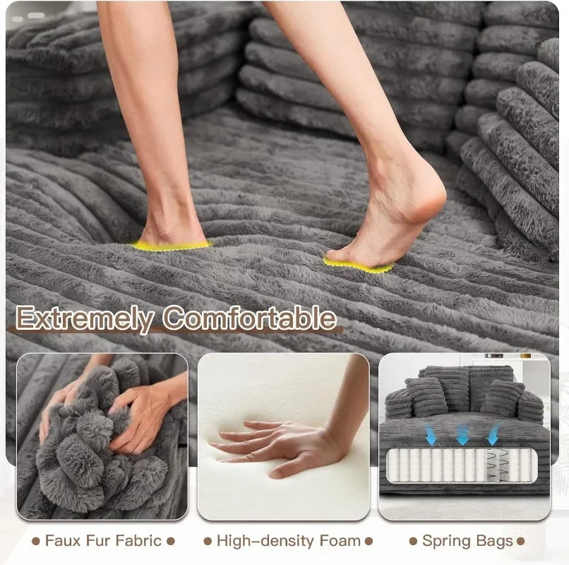JEEOHEY Plush Faux Fur Chaise Lounge Chair Sleeper Sofa Bed With Pillows