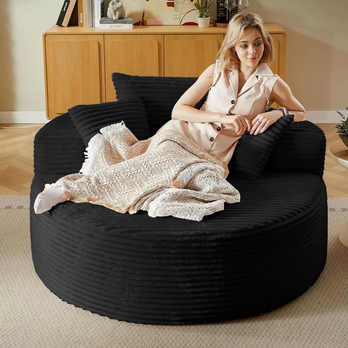 Indoor Plush Corduroy Round Chaise Lounge Chair Modern Style