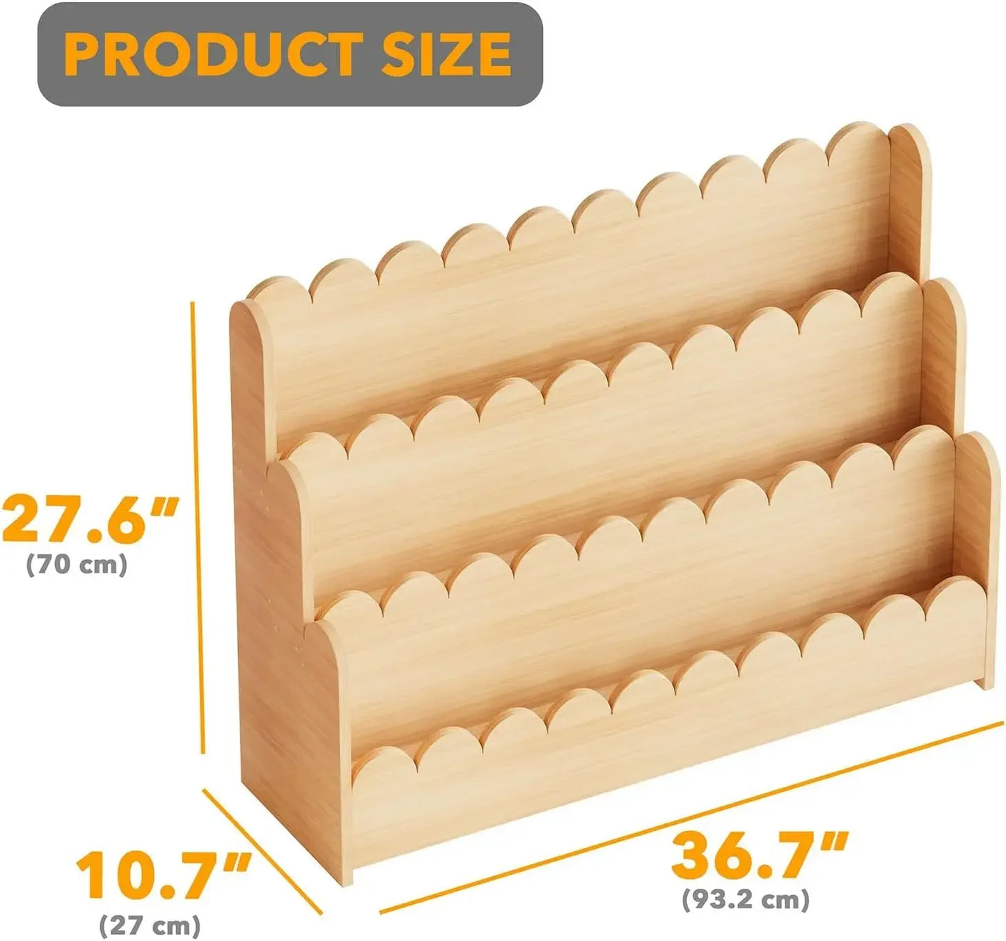 3-Tier Scalloped Bookshelf Montessori Wooden Bookcase for Toddlers Playroom