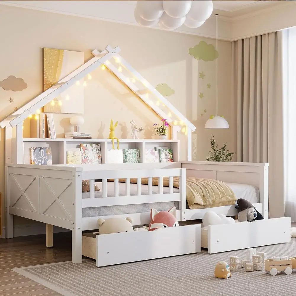 Wooden Bed Frame With Storage Drawers LED Lights And Shelves