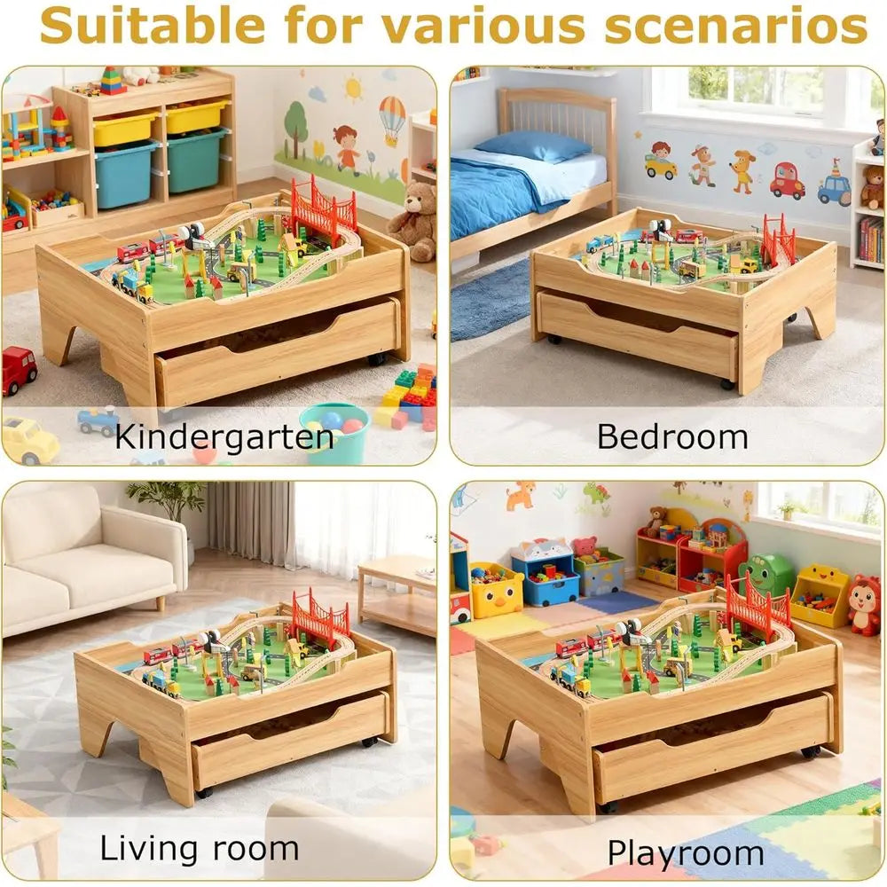 3 In 1 Wooden Train Table With Ample Storage Wheels