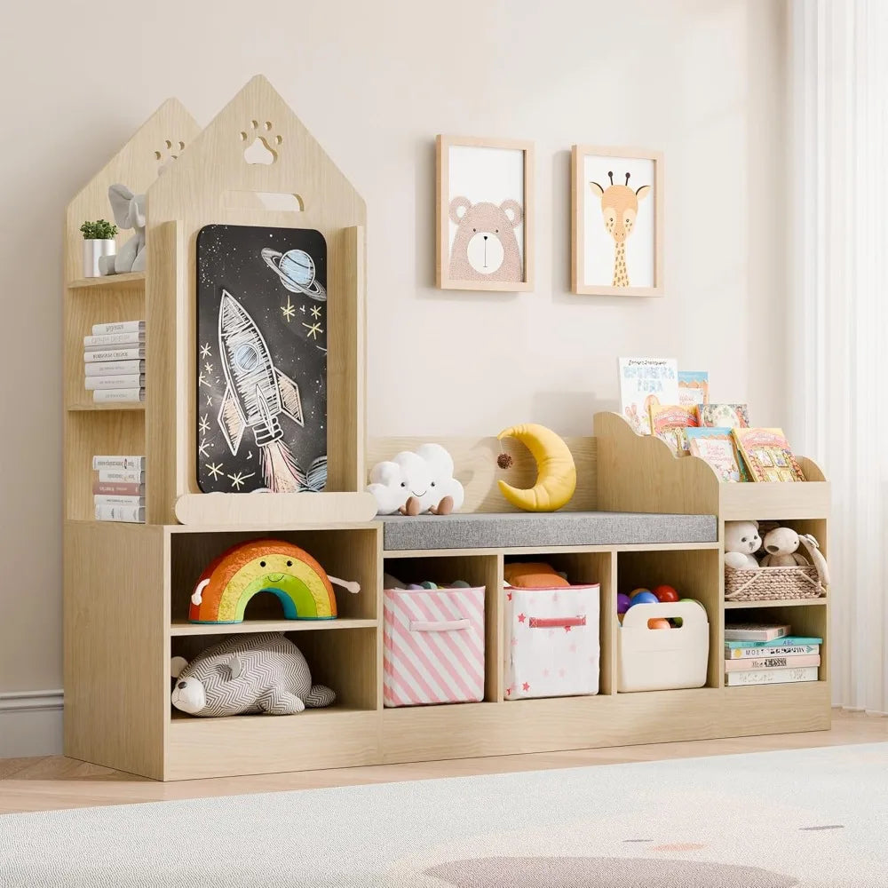 Natural Oak Kids Bookshelf And Reading Nook With Chalkboard Bench