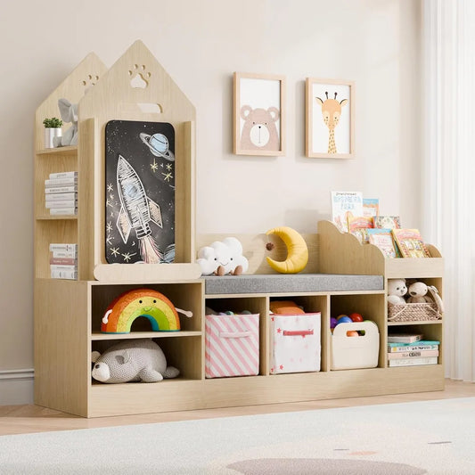 Natural Oak Kids Bookshelf And Reading Nook With Chalkboard Bench