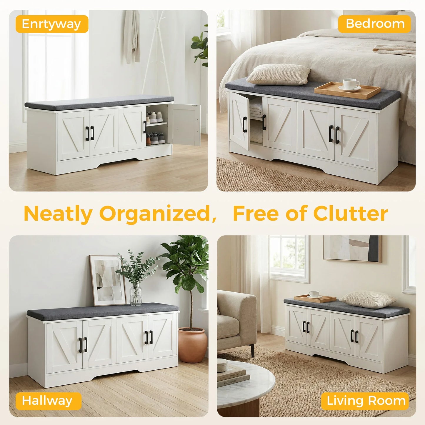 JHK Storage Bench Two Door Shoe Organizer Cabinet Entryway