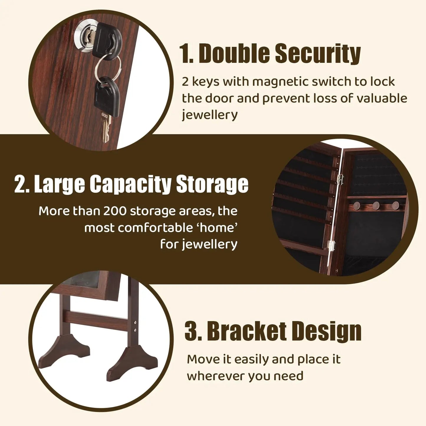 JHK Living Room Jewelry Armoire Cabinet Standing Mirror Organizer