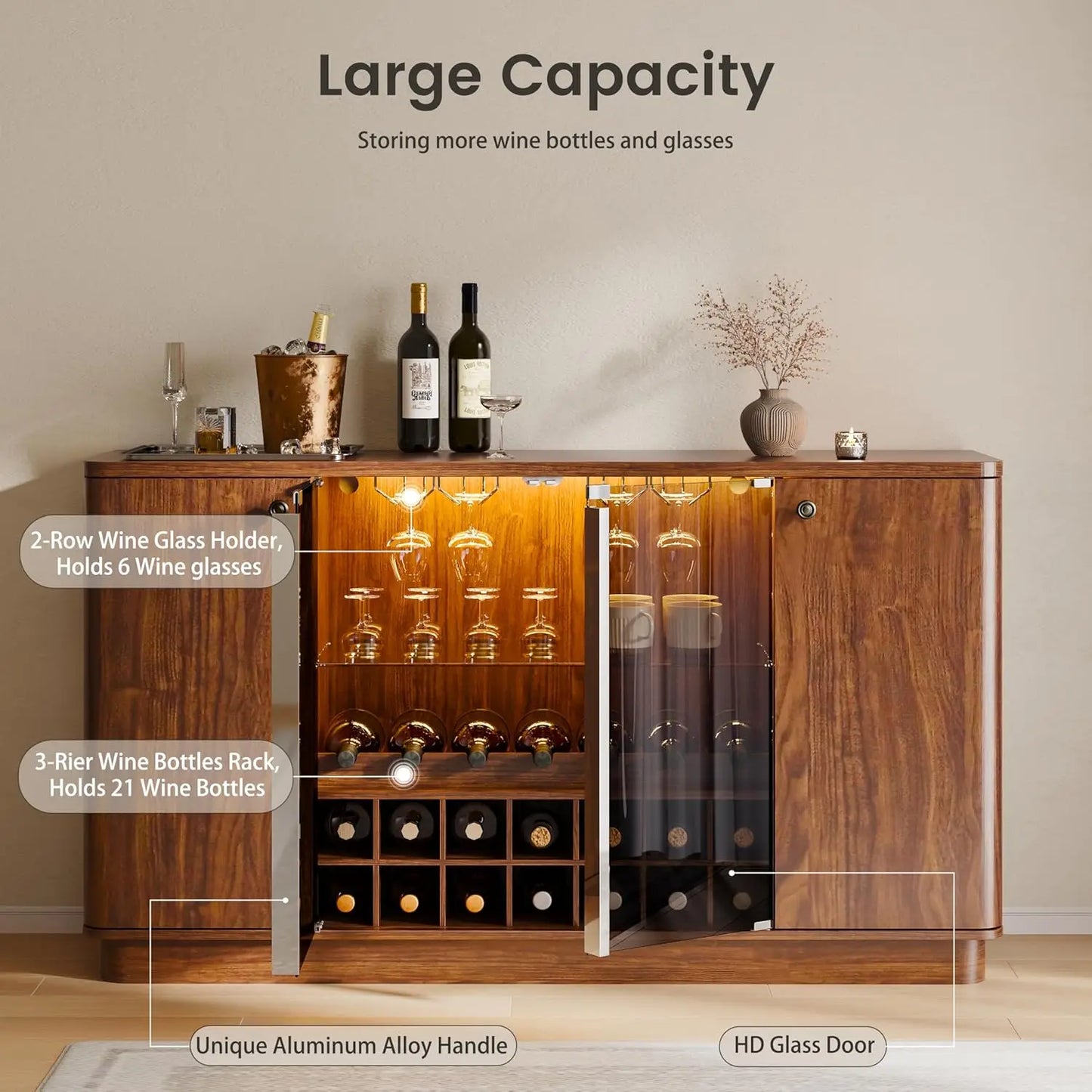 LED Coffee Bar Cabinet With Wine Rack And Glass Holder