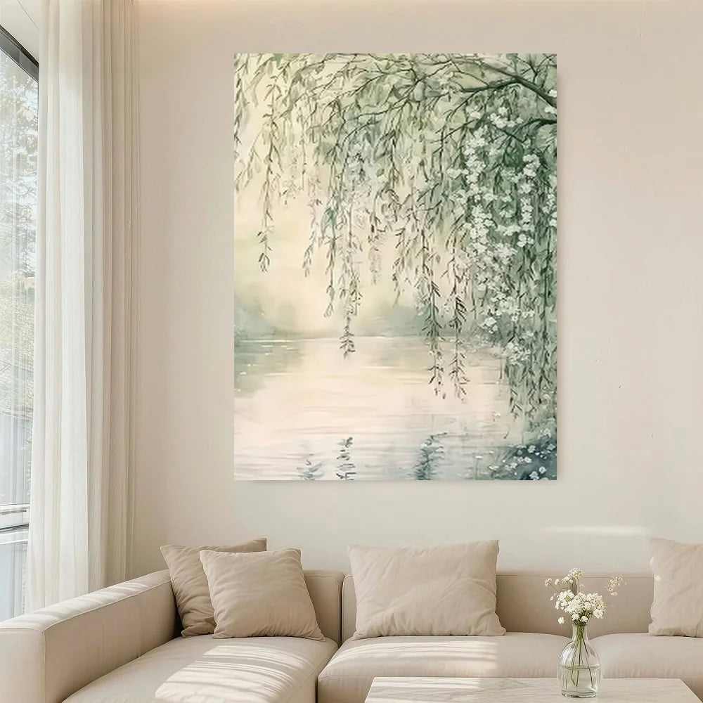 Framed Canvas Artwork Tranquil River Scene With Willows And Flowers