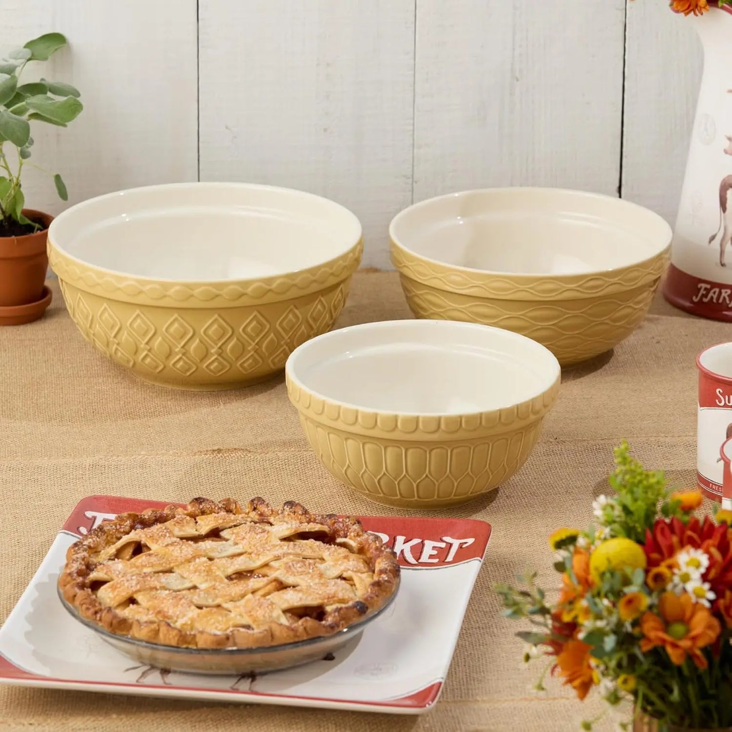 Stoneware Mixing Bowl Set 3-Piece Nesting for Baking and Serving