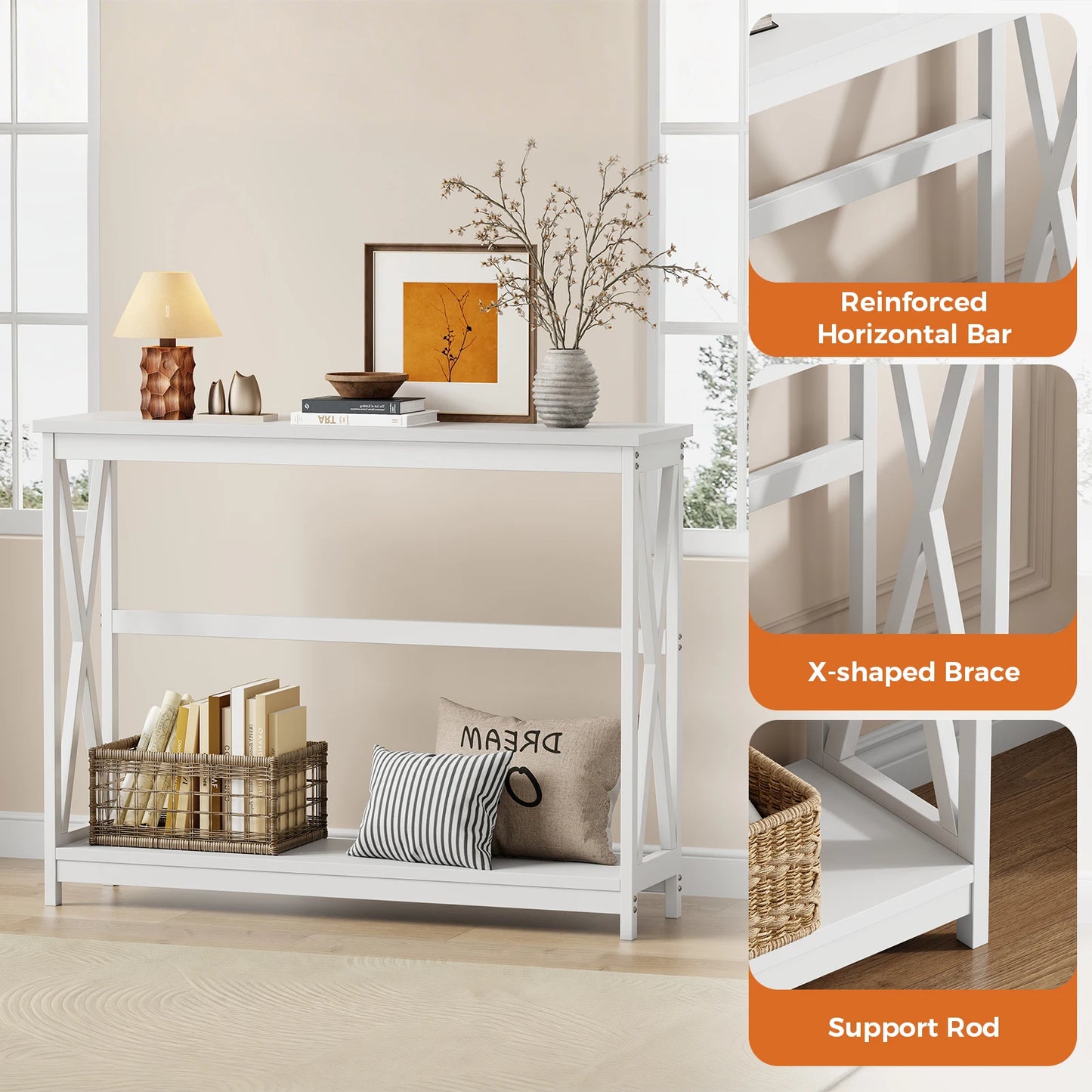 JHK Modern 2 Tier Console Table With Metal X Frame
