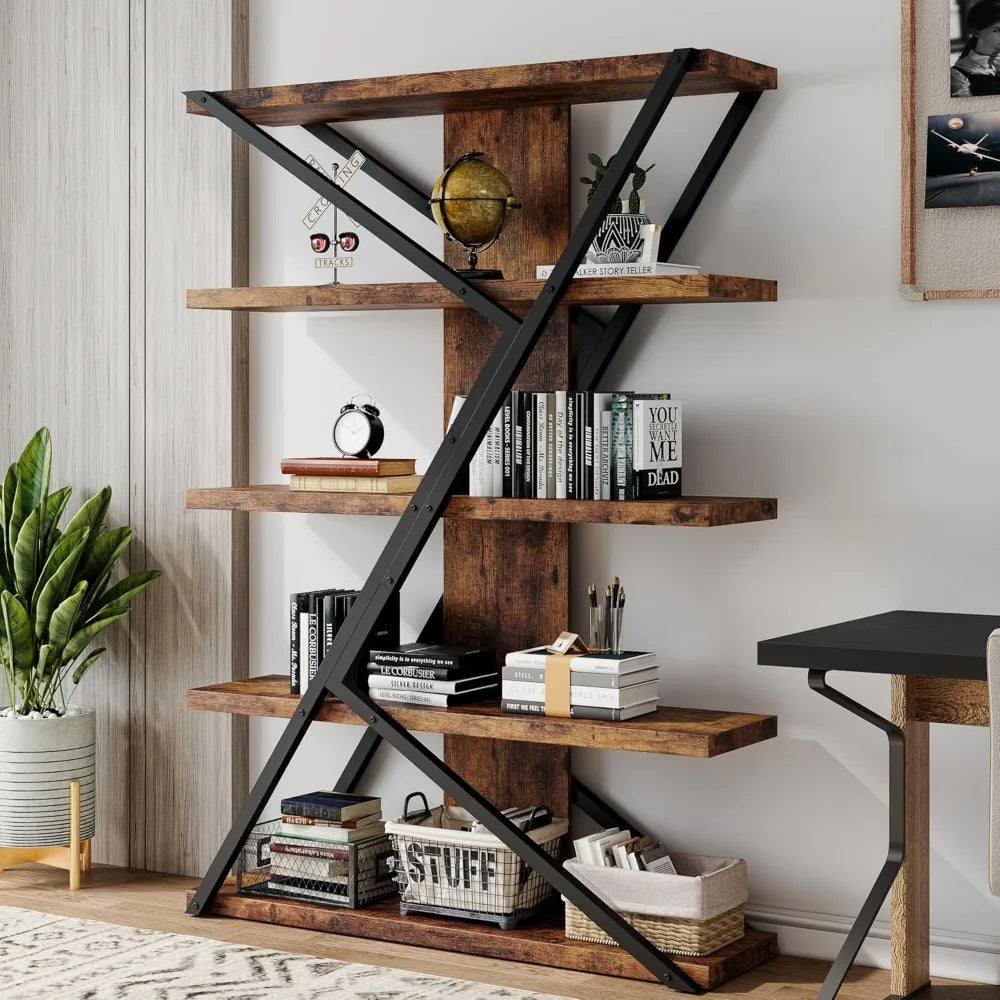 Five Tier Bookshelf With Metal Frame And Wood Shelves