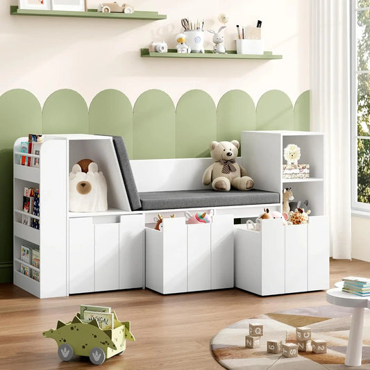 Kids Reading Nook With 3 Layer Bookshelf And Rolling Drawers