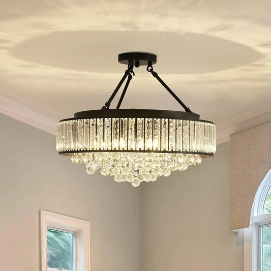 6-Light Modern Crystal Chandelier Metal E26 Semi Flush Ceiling Light