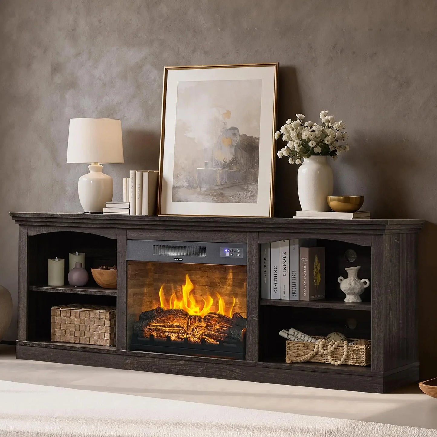 Amerlife Farmhouse TV Stand With Electric Fireplace