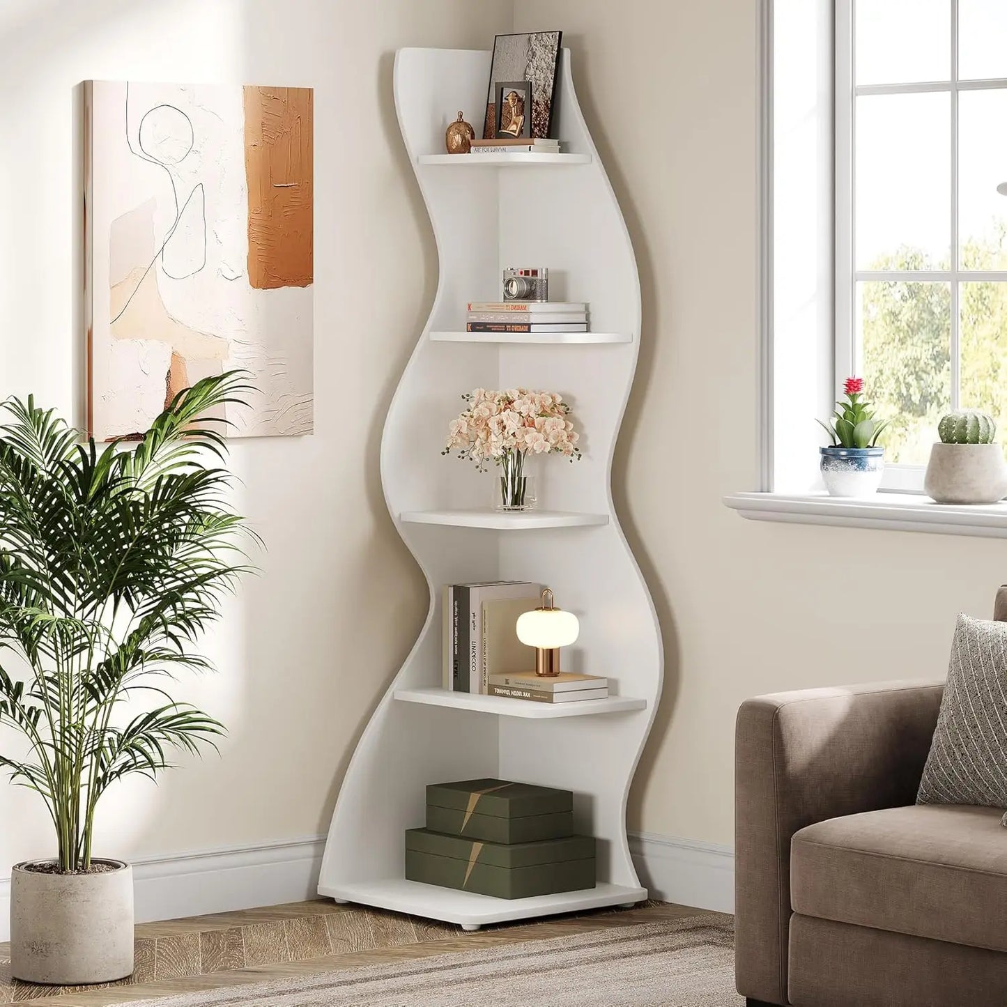 Modern 5-Tier Curvy Corner Shelf Rack For Living Room