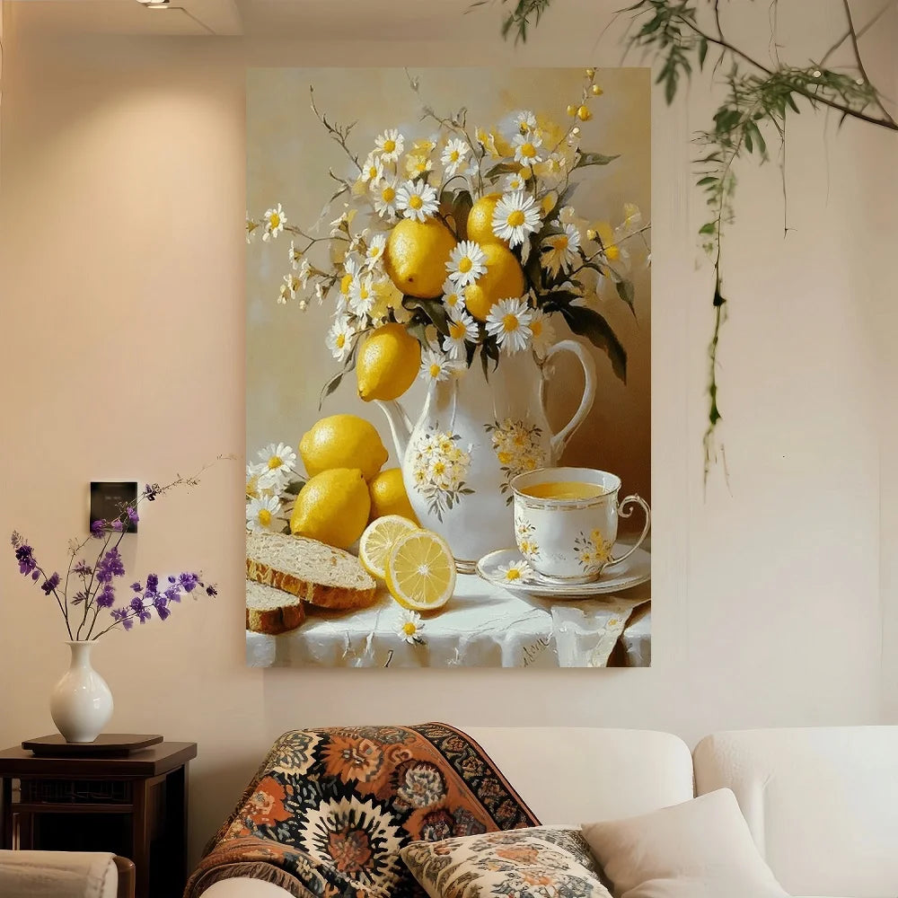 Framed Vintage Canvas Wall Art Lemons And White Vase Floral