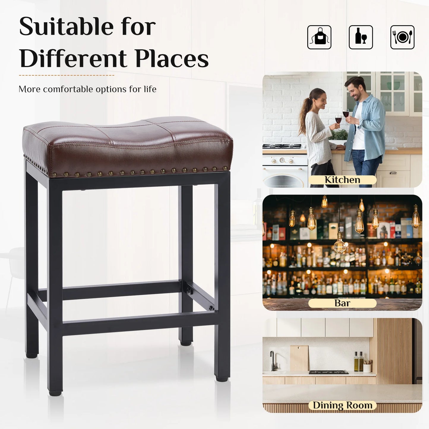 JHK Saddle Style PU Leather Bar Stools With Metal Base