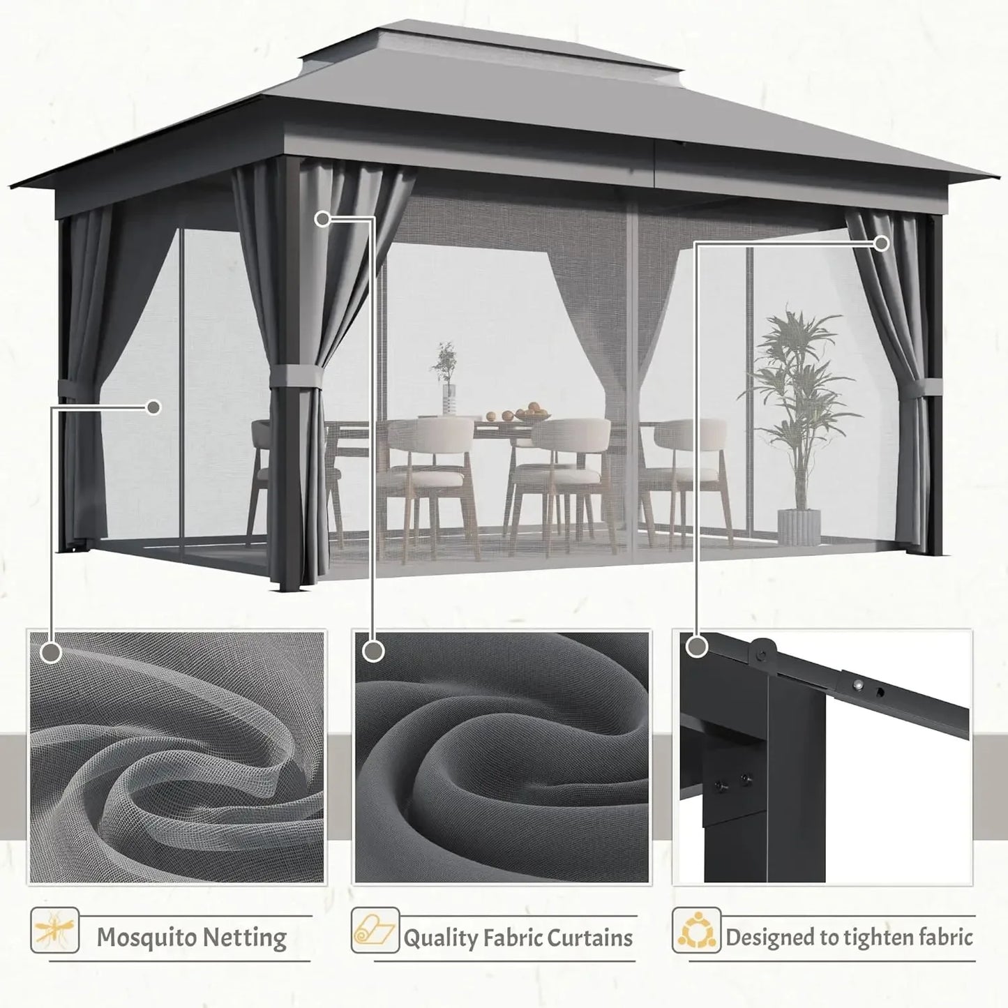 Outdoor Gazebo With Heavy Duty Steel Frame And Mosquito Net