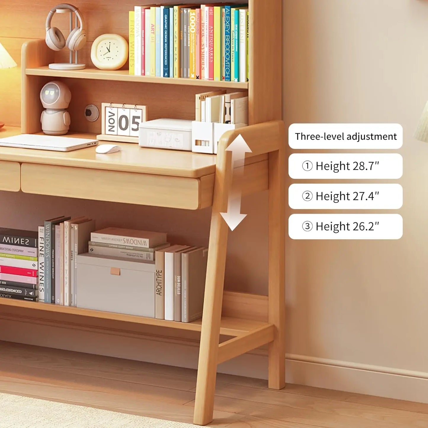 Kids Wooden Desk With Bookshelf Two Drawers Adjustable Study