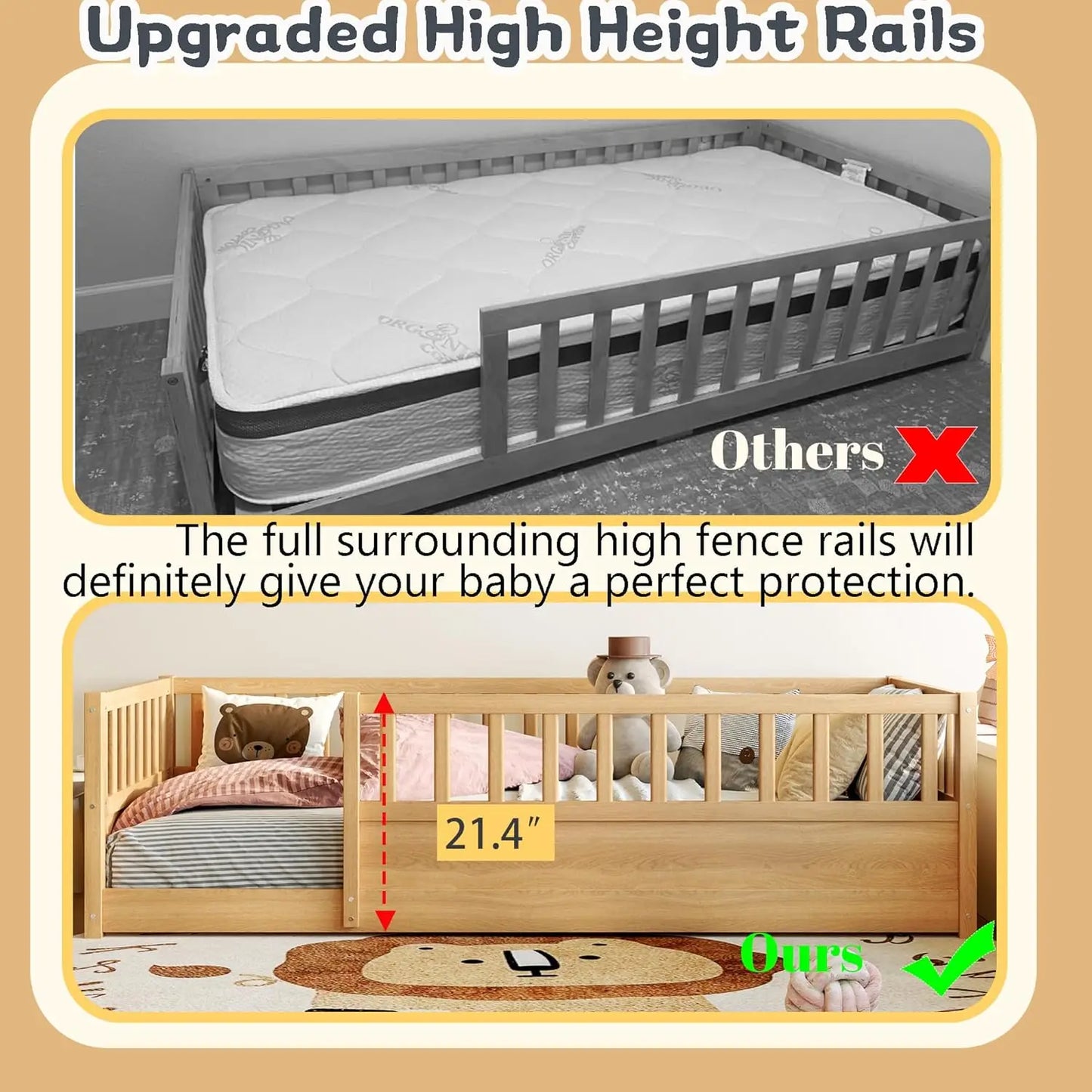 Solid Wood Montessori Floor Bed with High Rails for Toddlers