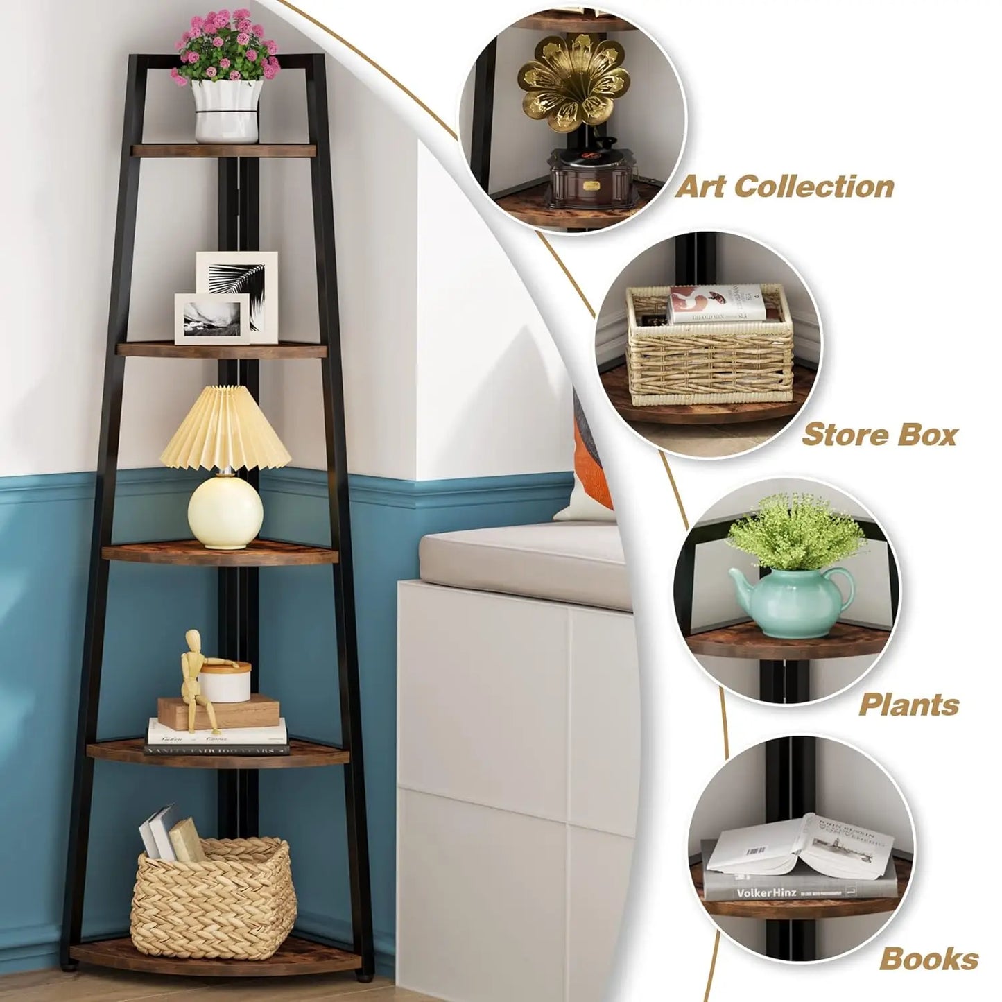 Five-Tier Corner Bookshelf And Bookcase For Living Room Or Office