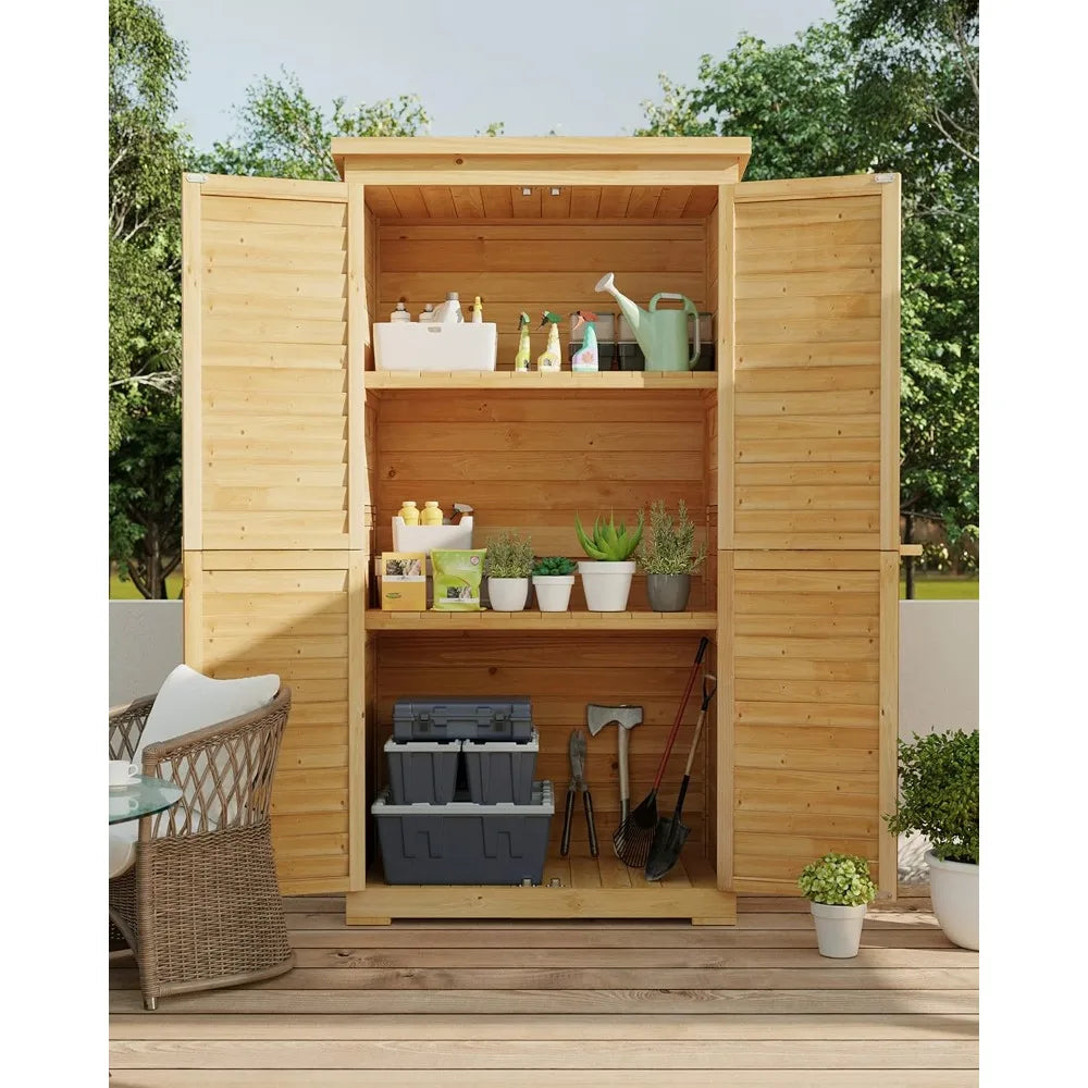 Wooden Outdoor Storage Cabinet With 3 Shelves And Double Locking Waterproof Roof