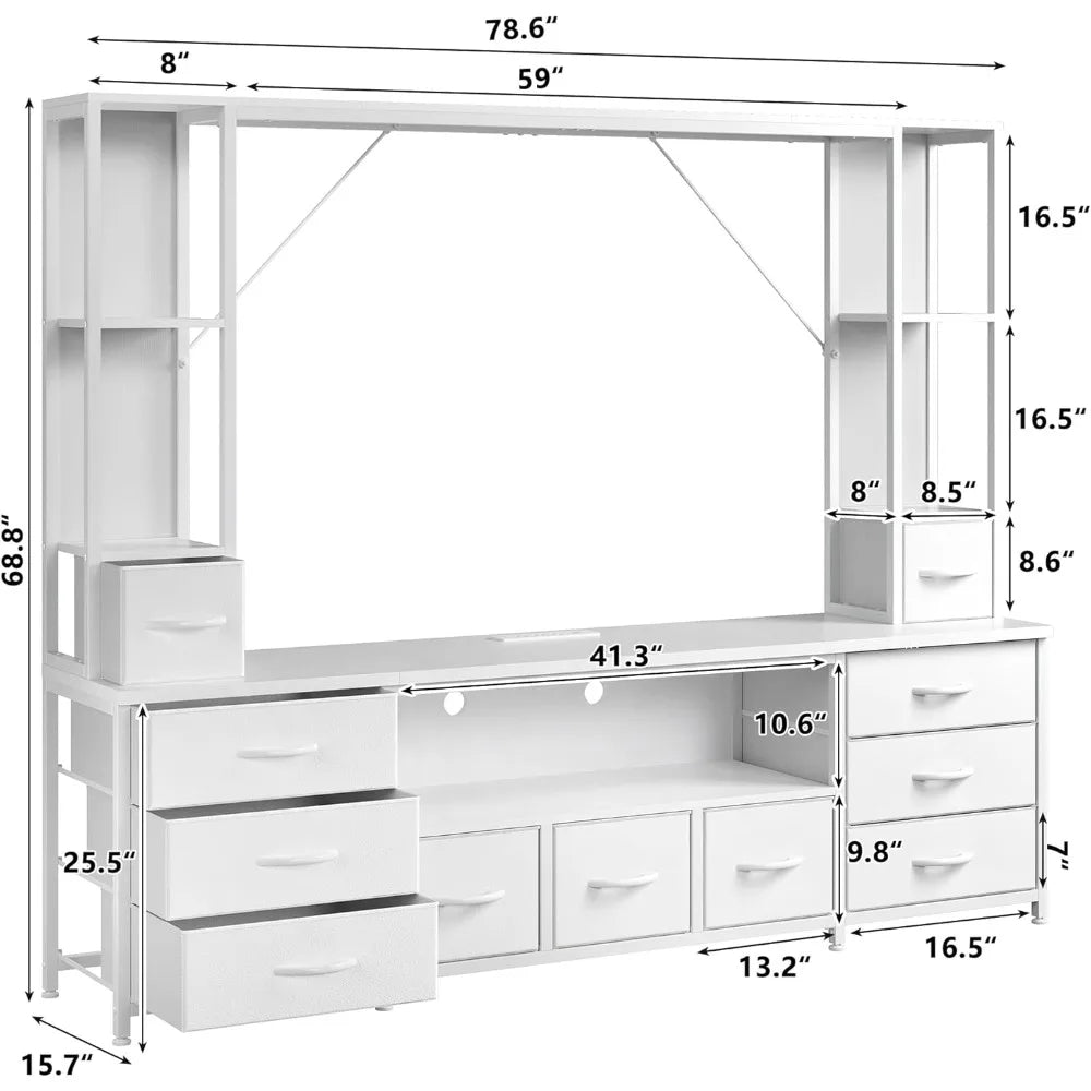 TV Stand With LED Lights And Power Outlets Fabric Drawers