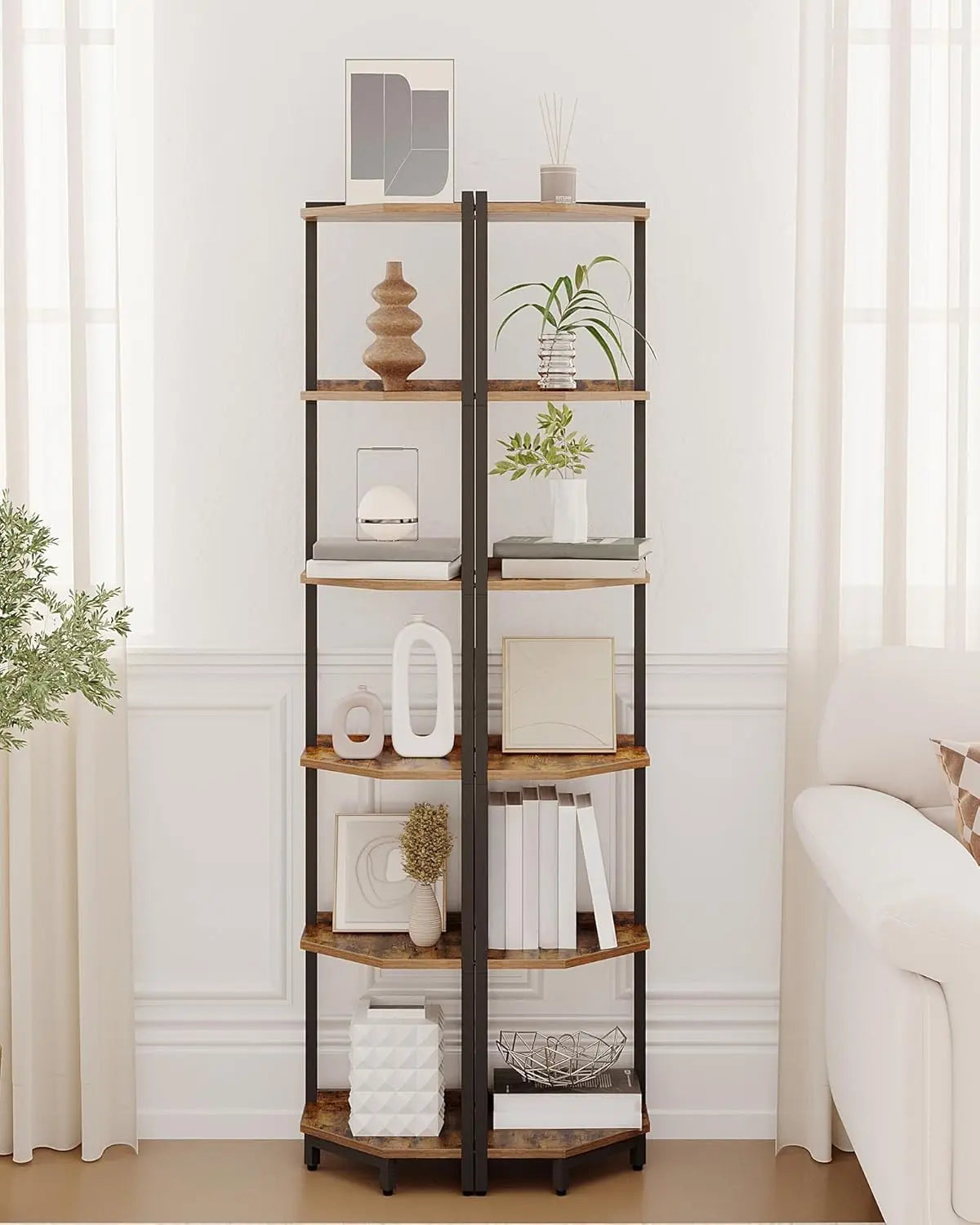 Corner Shelf Stand Six Tier Bookshelf With Metal Frame