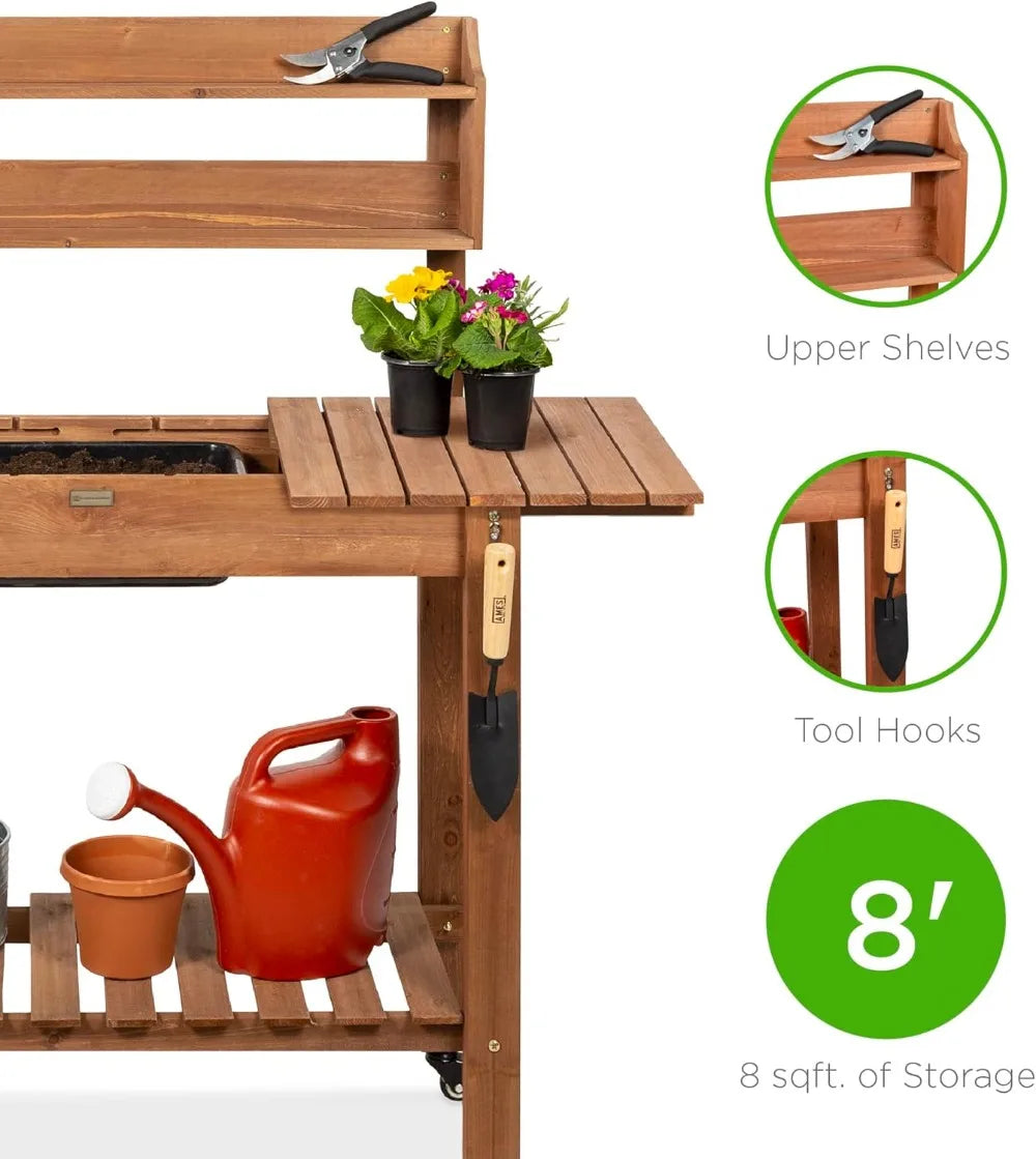 Mobile Garden Potting Bench With Sliding Tabletop And Dry Sink