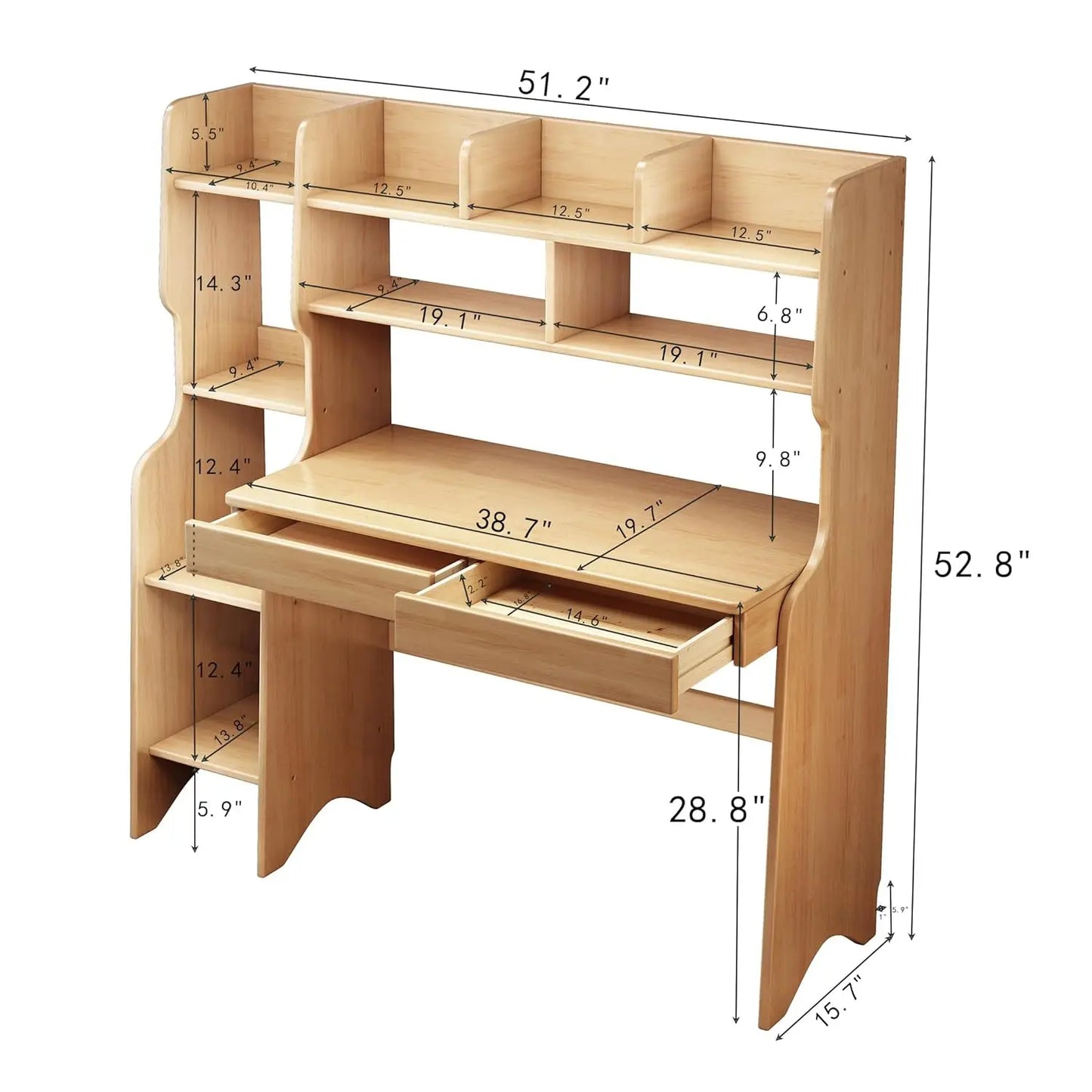 Kids Desk With Drawers And Bookshelf In Rubber Wood