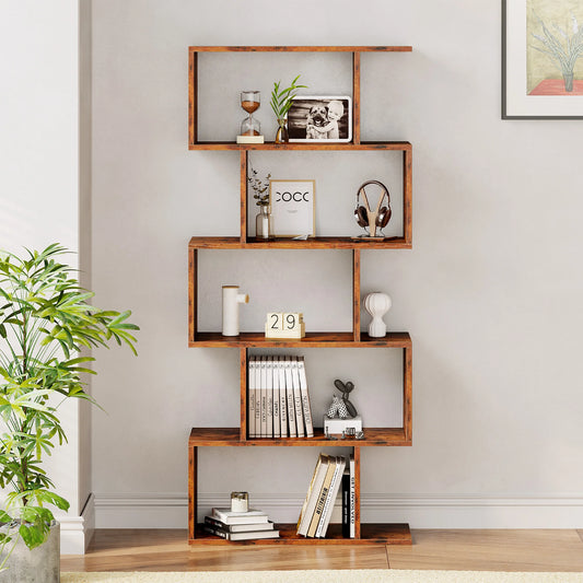 JHK Geometric 5 Tier S Shaped Wooden Bookcase Display Shelf